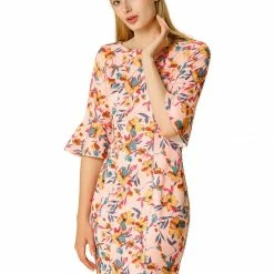 Allegra K Boat Neck Bell Sleeve Floral Dress Women