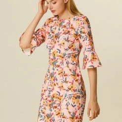 Allegra K Boat Neck Bell Sleeve Floral Dress Women