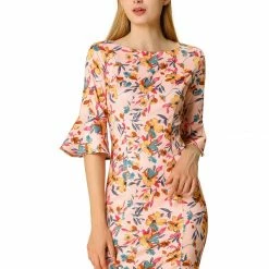 Allegra K Boat Neck Bell Sleeve Floral Dress Women
