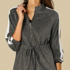 Women Allegra K Drawstring Waist Glitter Bomber Jacket