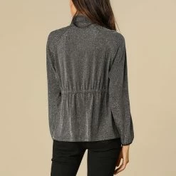 Women Allegra K Drawstring Waist Glitter Bomber Jacket