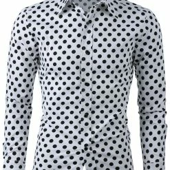 Allegra K Tops Men's Polka Dots Long Sleeve Slim Fit Printed Dress Button Down Shirt