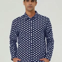 Allegra K Tops Men's Polka Dots Long Sleeve Slim Fit Printed Dress Button Down Shirt