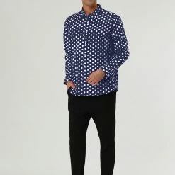 Allegra K Tops Men's Polka Dots Long Sleeve Slim Fit Printed Dress Button Down Shirt