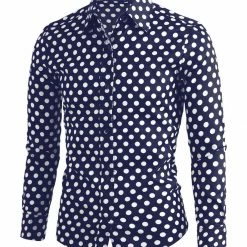 Allegra K Tops Men's Polka Dots Long Sleeve Slim Fit Printed Dress Button Down Shirt