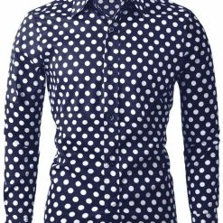 Allegra K Tops Men's Polka Dots Long Sleeve Slim Fit Printed Dress Button Down Shirt