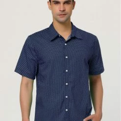 Allegra K HZ160403 Men Short Sleeves Cotton Polka Dots Button Up Shirt