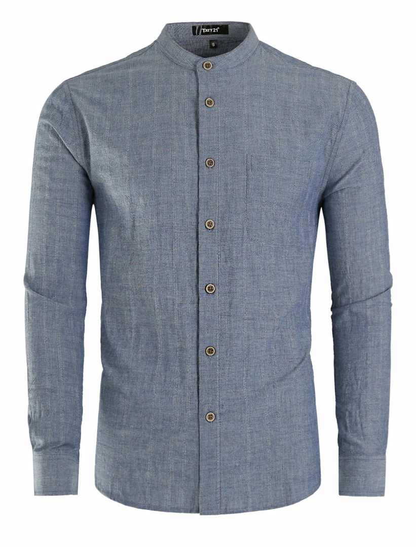 Allegra K Men Banded Collar Shirt Washed Cotton Long Sleeve Casual Button Down Shirts 9 Allegra K Men Banded Collar Shirt Washed Cotton Long Sleeve Casual Button Down Shirts