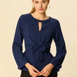 Women Allegra K Basic Keyhole Round Neck Tie Waist Bracelet Sleeve Top