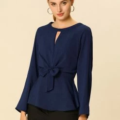 Women Allegra K Basic Keyhole Round Neck Tie Waist Bracelet Sleeve Top