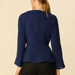 Women Allegra K Basic Keyhole Round Neck Tie Waist Bracelet Sleeve Top