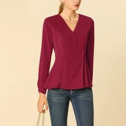 Allegra K V Neck Long Sleeves Button Closure Peplum Blouse