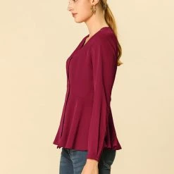Allegra K V Neck Long Sleeves Button Closure Peplum Blouse