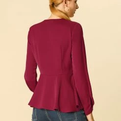 Allegra K V Neck Long Sleeves Button Closure Peplum Blouse