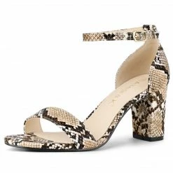 Allegra K Women's Snake Printed Chunky Heels Ankle Strap Sandals