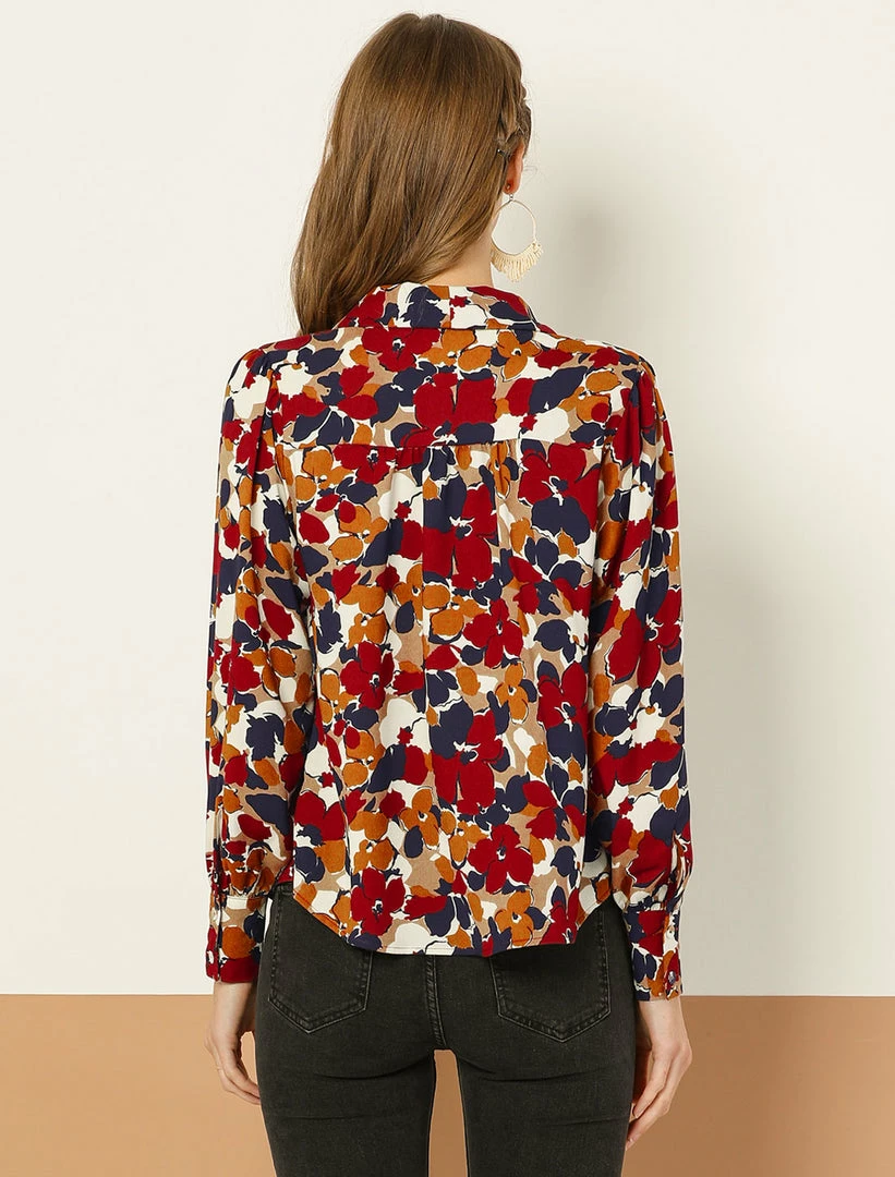 Allegra K Women's V Neck Floral Casual Print Long Sleeve Button Down Shirt Tops 8 Allegra K Women's V Neck Floral Casual Print Long Sleeve Button Down Shirt Tops