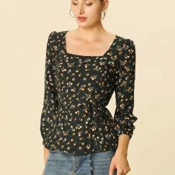 Allegra K Floral Print Square Neck Long Sleeves Tie Waist Blouse Women