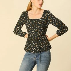 Allegra K Floral Print Square Neck Long Sleeves Tie Waist Blouse Women