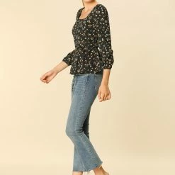 Allegra K Floral Print Square Neck Long Sleeves Tie Waist Blouse Women