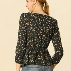 Allegra K Floral Print Square Neck Long Sleeves Tie Waist Blouse Women