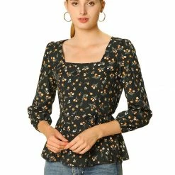 Allegra K Floral Print Square Neck Long Sleeves Tie Waist Blouse Women