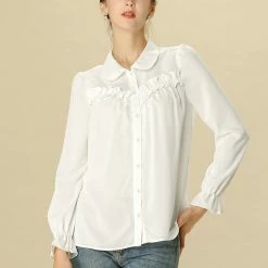 Women Allegra K Button Down Long Sleeve Elastic Cuff Ruffle Detail Blouse