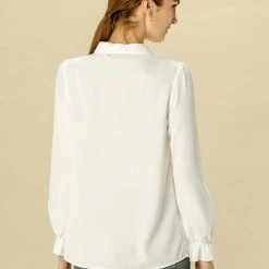 Women Allegra K Button Down Long Sleeve Elastic Cuff Ruffle Detail Blouse