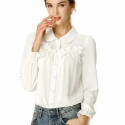 Women Allegra K Button Down Long Sleeve Elastic Cuff Ruffle Detail Blouse