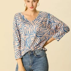Women Allegra K Animal Zebra Print V Neck Dolman Sleeves Loose Blouse Top