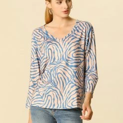 Women Allegra K Animal Zebra Print V Neck Dolman Sleeves Loose Blouse Top