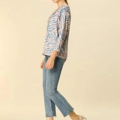 Women Allegra K Animal Zebra Print V Neck Dolman Sleeves Loose Blouse Top