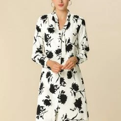 Women Allegra K Tie V Neck Long Sleeves Floral Shirt Dress With Belt
