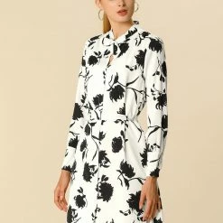 Women Allegra K Tie V Neck Long Sleeves Floral Shirt Dress With Belt