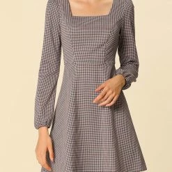 Women Allegra K Houndstooth Plaid Square Neck Long Sleeve Dress 47 Women Allegra K Houndstooth Plaid Square Neck Long Sleeve Dress