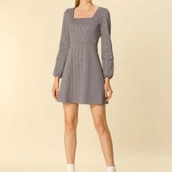 Women Allegra K Houndstooth Plaid Square Neck Long Sleeve Dress 48 Women Allegra K Houndstooth Plaid Square Neck Long Sleeve Dress