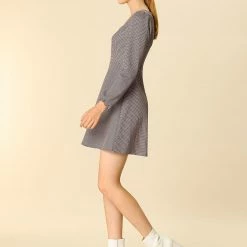 Women Allegra K Houndstooth Plaid Square Neck Long Sleeve Dress 49 Women Allegra K Houndstooth Plaid Square Neck Long Sleeve Dress