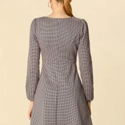 Women Allegra K Houndstooth Plaid Square Neck Long Sleeve Dress 50 Women Allegra K Houndstooth Plaid Square Neck Long Sleeve Dress