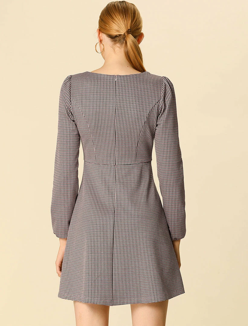 Women Allegra K Houndstooth Plaid Square Neck Long Sleeve Dress 14 Women Allegra K Houndstooth Plaid Square Neck Long Sleeve Dress