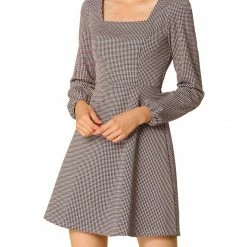Women Allegra K Houndstooth Plaid Square Neck Long Sleeve Dress 46 Women Allegra K Houndstooth Plaid Square Neck Long Sleeve Dress