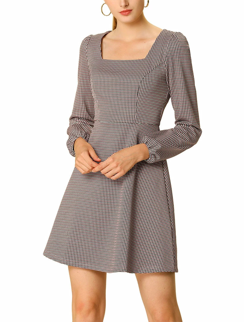 Women Allegra K Houndstooth Plaid Square Neck Long Sleeve Dress 10 Women Allegra K Houndstooth Plaid Square Neck Long Sleeve Dress