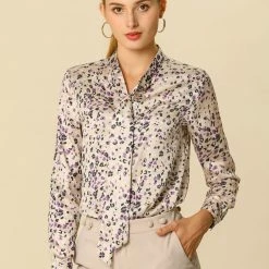 Women Allegra K Elegant Casual Floral Bow Tie Neck Button Up Blouse Shirt 29 Women Allegra K Elegant Casual Floral Bow Tie Neck Button Up Blouse Shirt