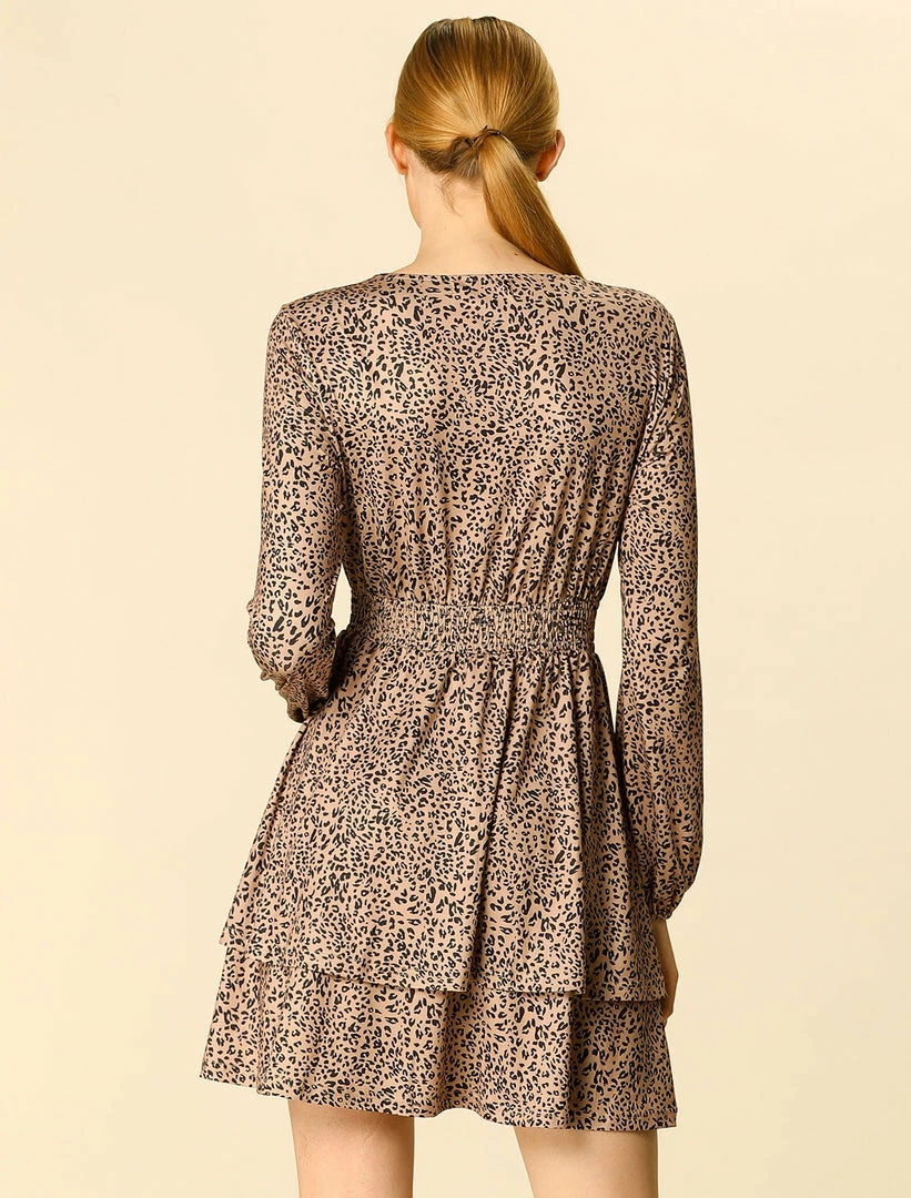 Allegra K Women's Leopard Print Long Sleeve Layered Ruffle Hem Dress 32 Allegra K Women's Leopard Print Long Sleeve Layered Ruffle Hem Dress