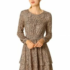 Allegra K Women's Leopard Print Long Sleeve Layered Ruffle Hem Dress 70 Allegra K Women's Leopard Print Long Sleeve Layered Ruffle Hem Dress