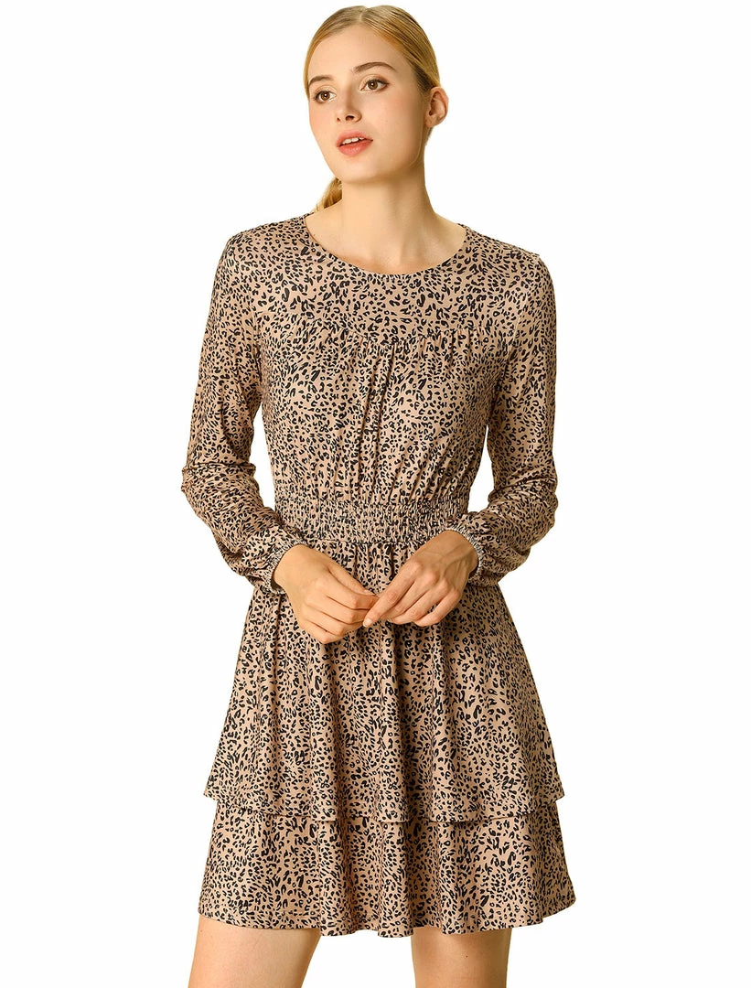 Allegra K Women's Leopard Print Long Sleeve Layered Ruffle Hem Dress 28 Allegra K Women's Leopard Print Long Sleeve Layered Ruffle Hem Dress