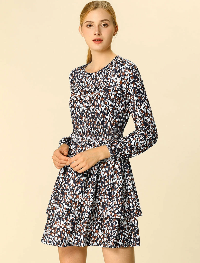 Allegra K Women's Leopard Print Long Sleeve Layered Ruffle Hem Dress 35 Allegra K Women's Leopard Print Long Sleeve Layered Ruffle Hem Dress