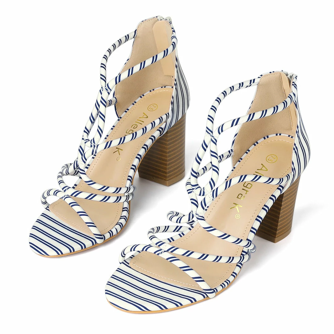 Allegra K Shoes Women's Open Toe Stripe Chunky Heel Sandals 11 Allegra K Shoes Women's Open Toe Stripe Chunky Heel Sandals