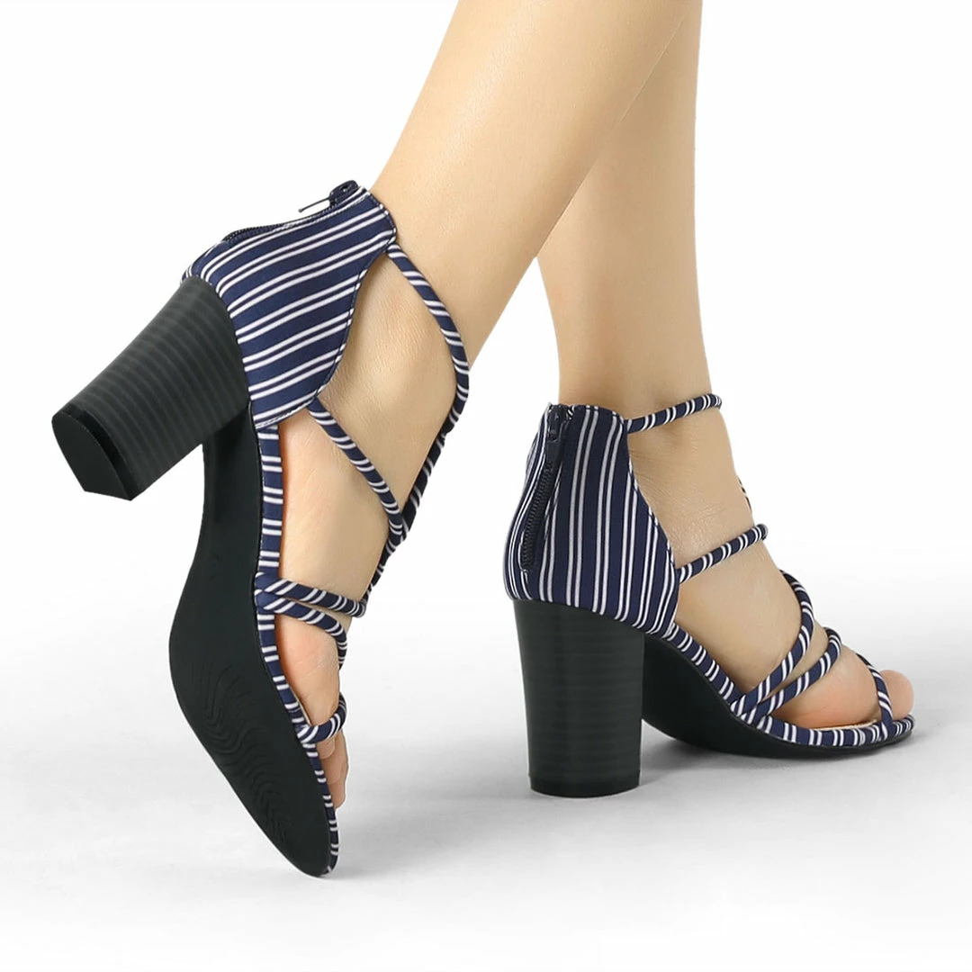 Allegra K Shoes Women's Open Toe Stripe Chunky Heel Sandals 5 Allegra K Shoes Women's Open Toe Stripe Chunky Heel Sandals
