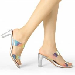 Allegra K Women's Clear Colorful Straps Chunky Heel Slides Sandals