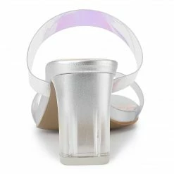 Allegra K Women's Clear Colorful Straps Chunky Heel Slides Sandals