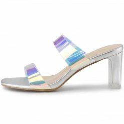 Allegra K Women's Clear Colorful Straps Chunky Heel Slides Sandals